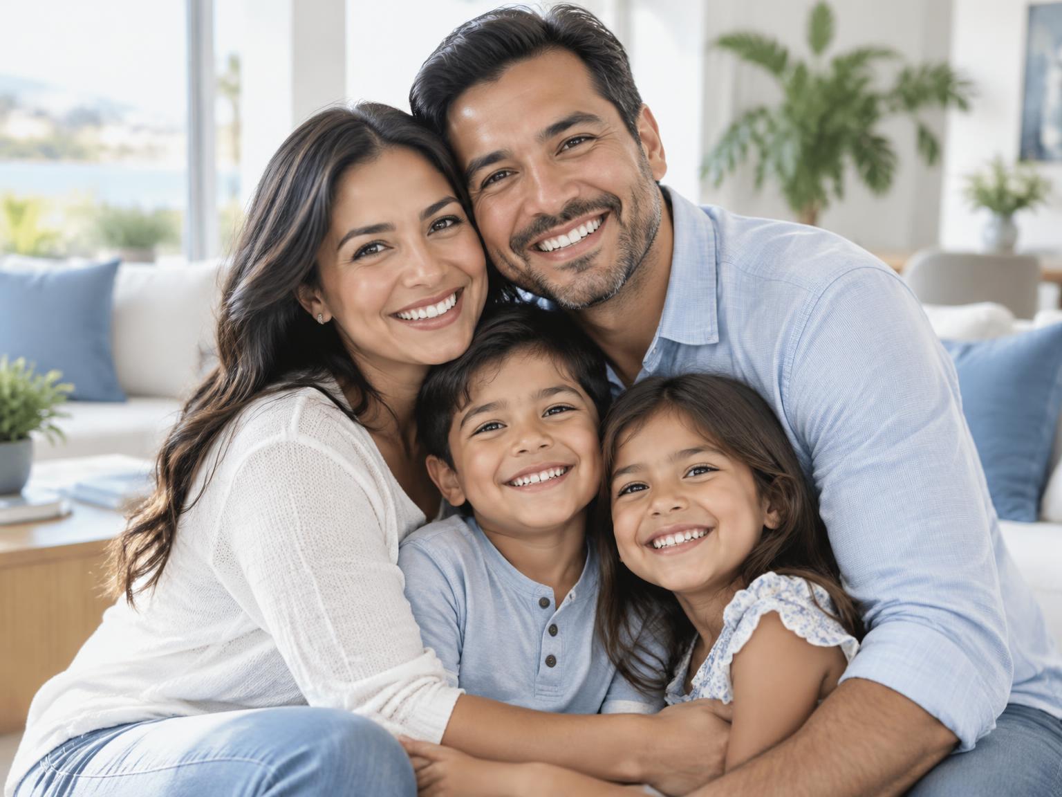 Familia sonriente abrazada en casa